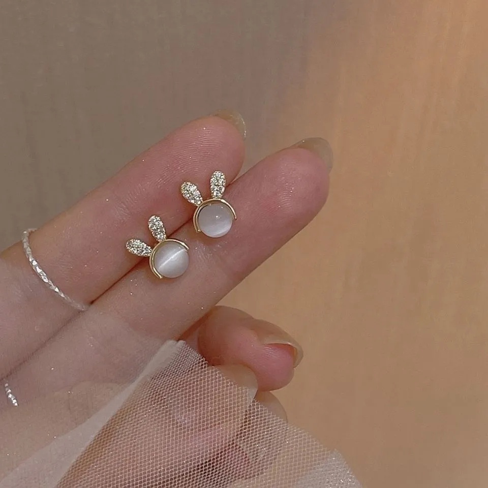 1pasang Pesta Opal Wanita Aksesoris Elegan Kelinci Berbentuk Indah Berlian Imitasi Manis Stud Anting Geometris Telinga Perhiasan Gadis