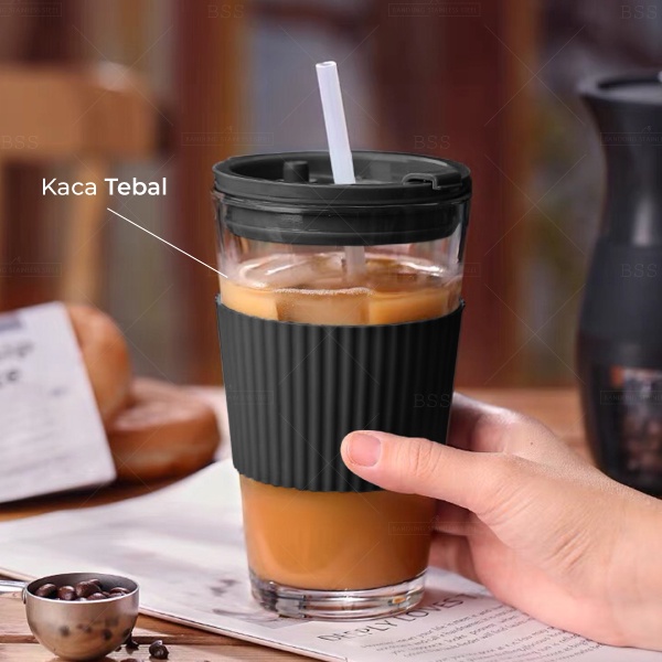 Gelas Minum Kopi Tumbler 450ml Anti Panas Kaca Glass Dengan Sedotan Silikon Simple Elegan Milk Cup