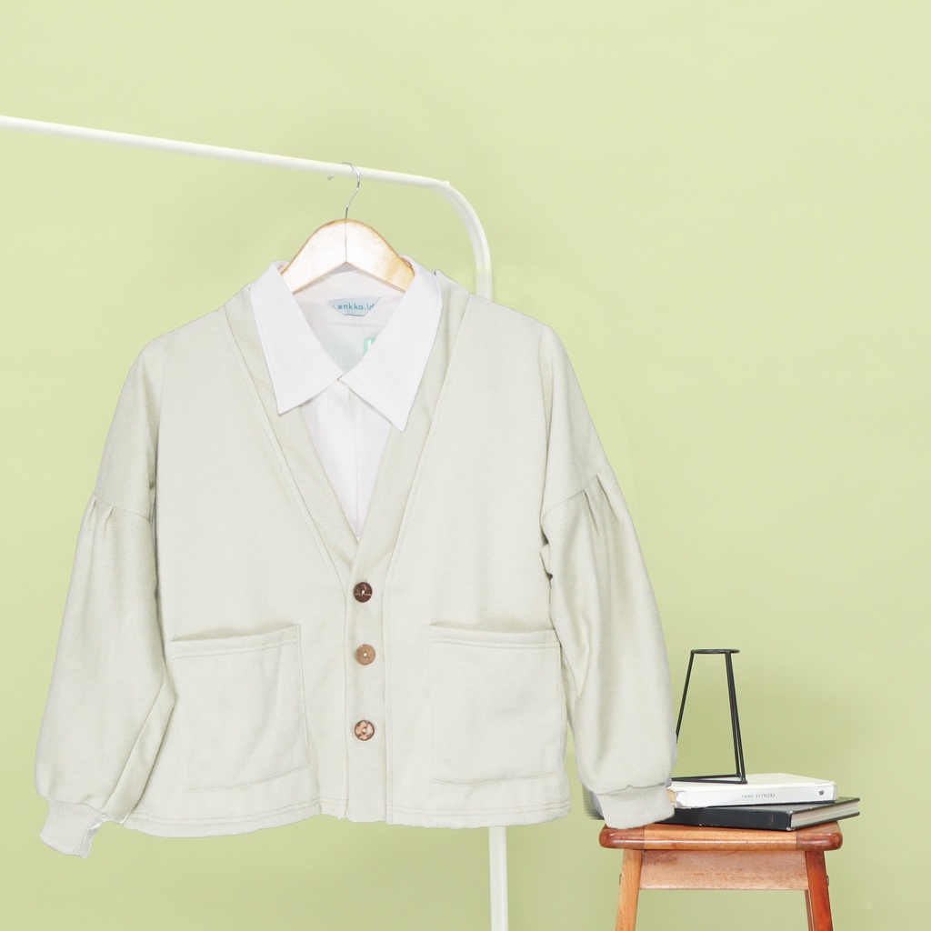 Sweater wanita model kardigan outer Lengan Puffy Pakaian wanita Casual korea-Cardigan white