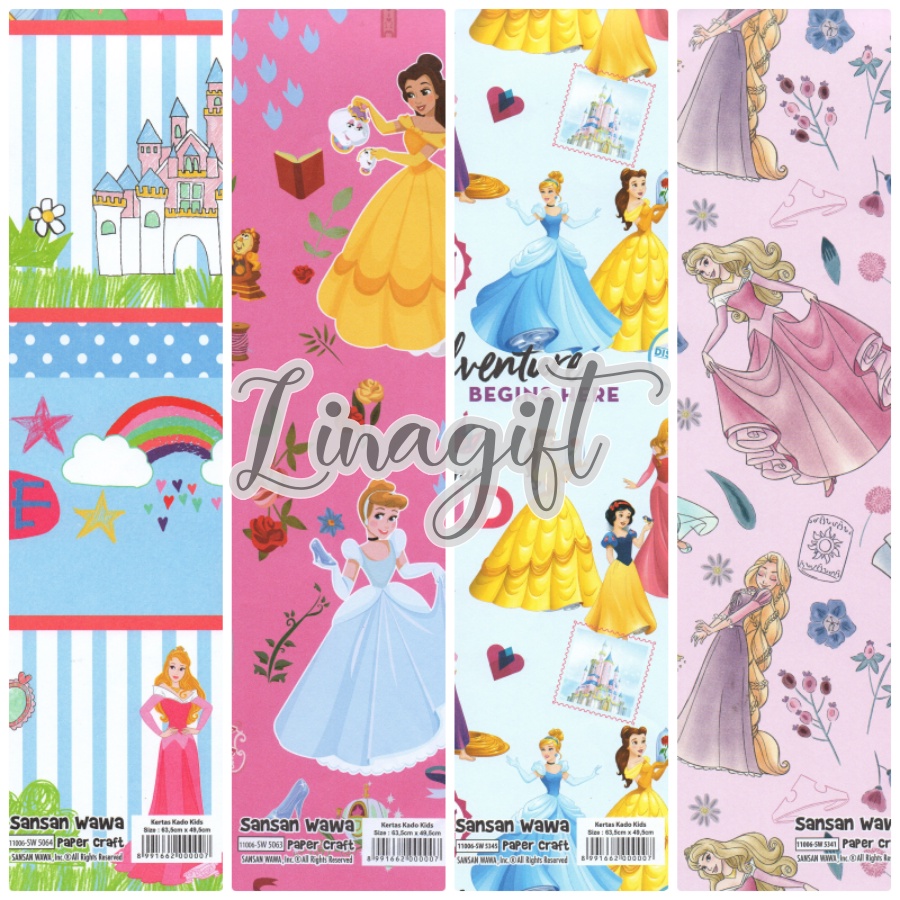 ( 5 Lembar ) PRINCESS SANWA - KERTAS KADO WALT DISNEY - GIFT WRAP PAPER SANSAN WAWA SNOW WHITE RAPUNZEL BELLE JASMINE AURORA CINDERELLA FROZEN ELSA ANNA ARIEL MERMAID ALADDIN SNOW WHITE