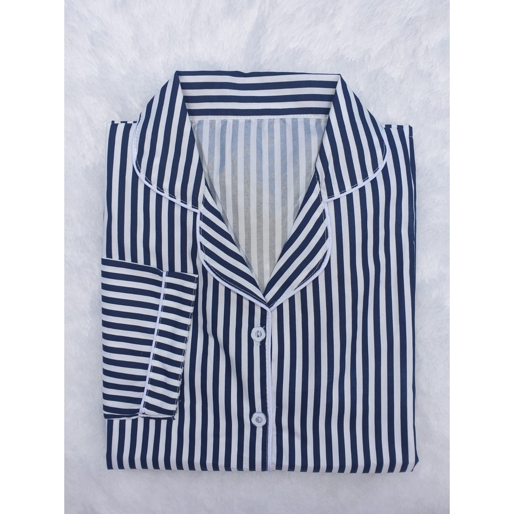 BJ-Piyama PP Wanita Dewasa Salur - Baju Tidur Lengan Panjang-Salur Navy