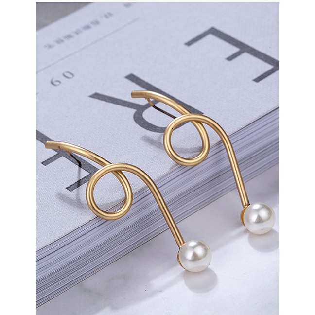 LRC Anting Tusuk Fashion Gold Color Pearls Decorated Long Earrings F21965