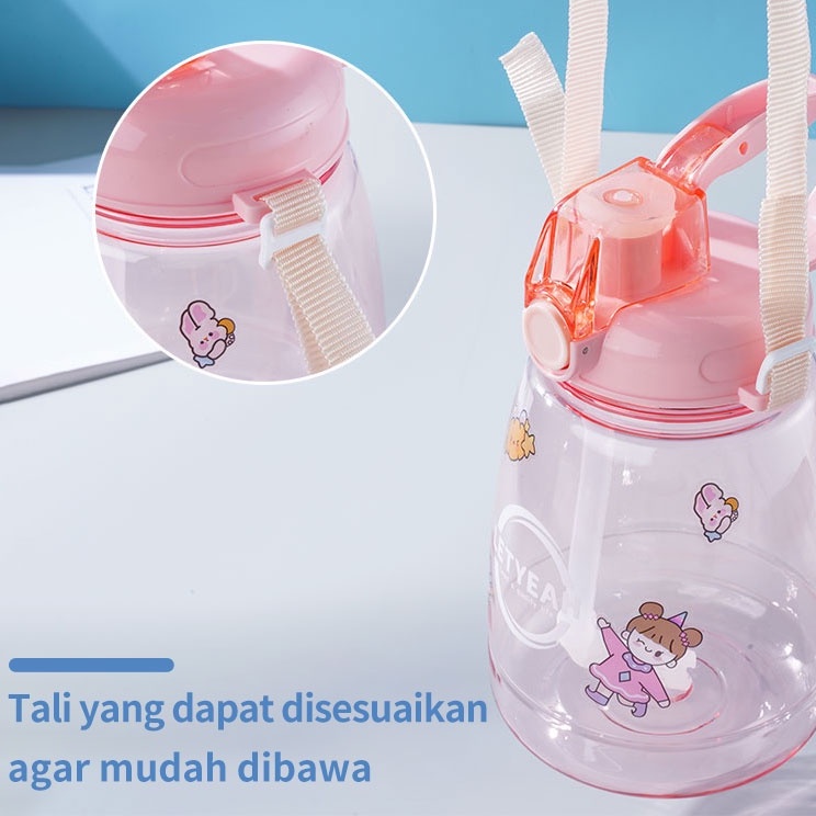 Letyeah &amp; Kaizenliving Botol minum dengan sedotan dan dilengkapi tali 1300ml / botol Kapasitas tinggi free sticker BPA free