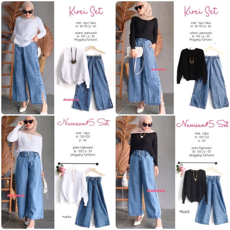 NAMSAN / KIREI SET BY ANNORA SETELAN WANITA BLOUSE RAJUT + KULOT JEANS