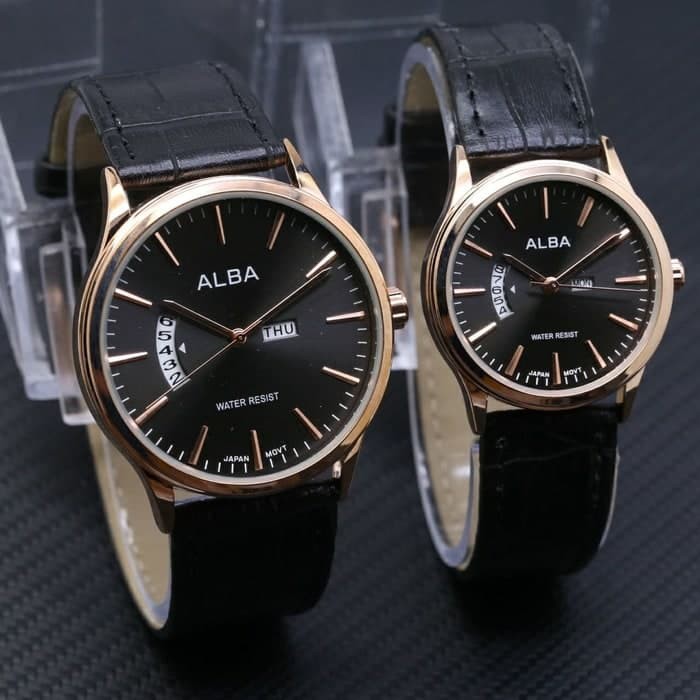 Jam Tangan Couple / Pasangan Alba Leather Black Terbatas