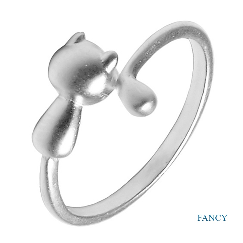 Cincin Wanita Bentuk Kucing Warna Silver Gaya Korea Anti Alergi Adjustable Untuk Pesta