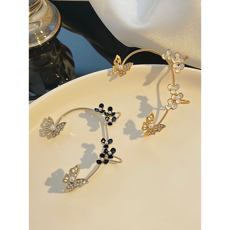 1pc Anting Klip Telinga Kiri Tanpa Tindik Desain Kupu-Kupu Putih Bunga Mutiara Berlian Imitasi Untuk Wanita