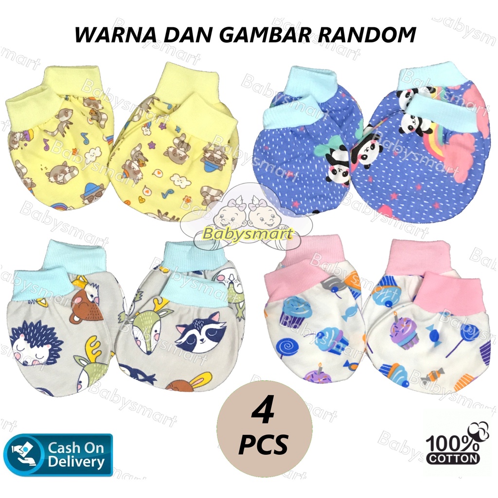 Babysmart - 4 Set Sarung Tangan dan Kaki Bayi STK New Born (NB) RANDOM PREMIUM Bahan 100% Katun DK