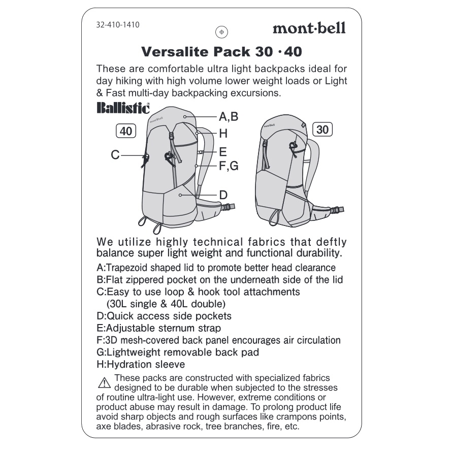 Tas Ransel Ultralight Montbell Versalite Pack 30 Original