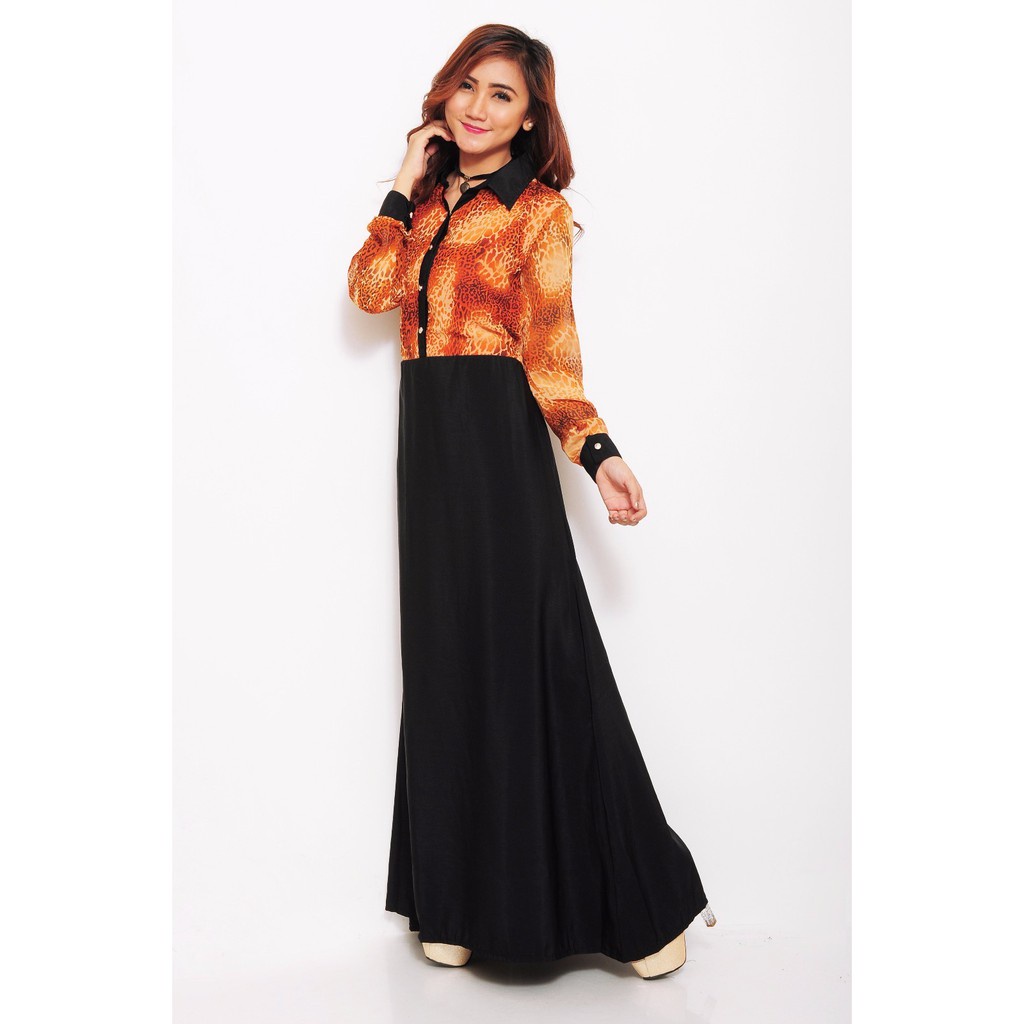 Long dress Gamis maxi tangan panjang corak | Baju Gamis Wanita Syar'i Model Terbaru - Gamis Corak