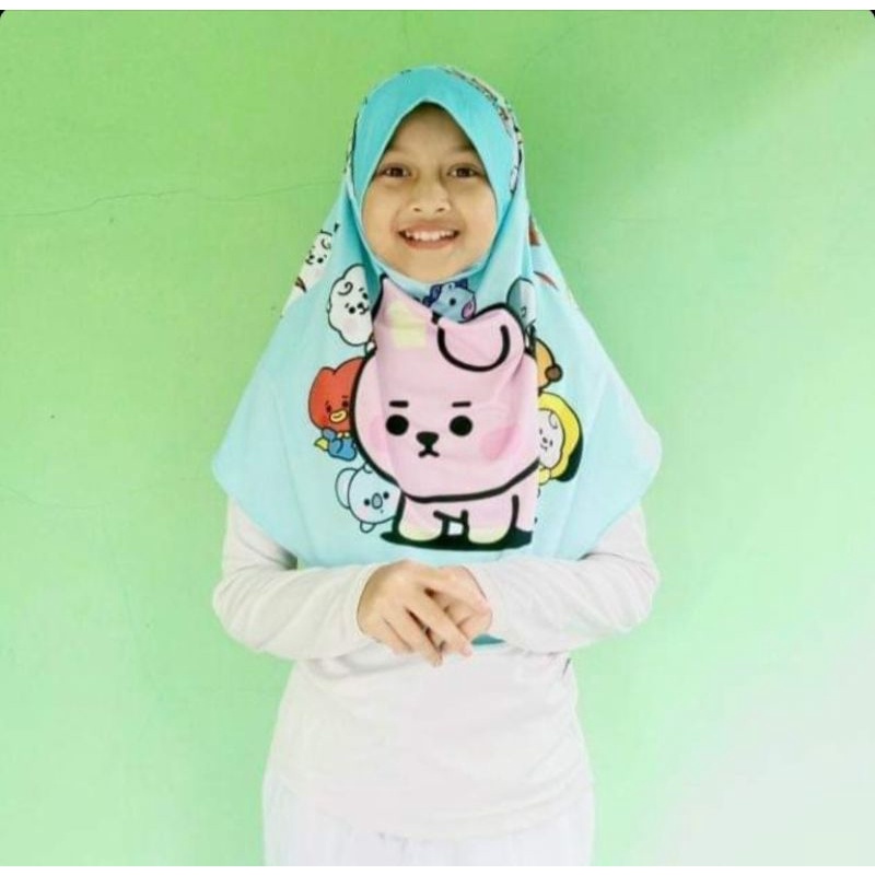 BERGO PRINTING ANAK MOTIF BT21 BIRU / HIJAB INDTANT ANAK KARAKTER LUCU / JILBAB ANAK KARAKTER