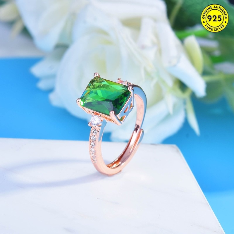 Rose Gold Green Tourmaline Ring Inlaid Emerald Colored Gems Open Ring for Women