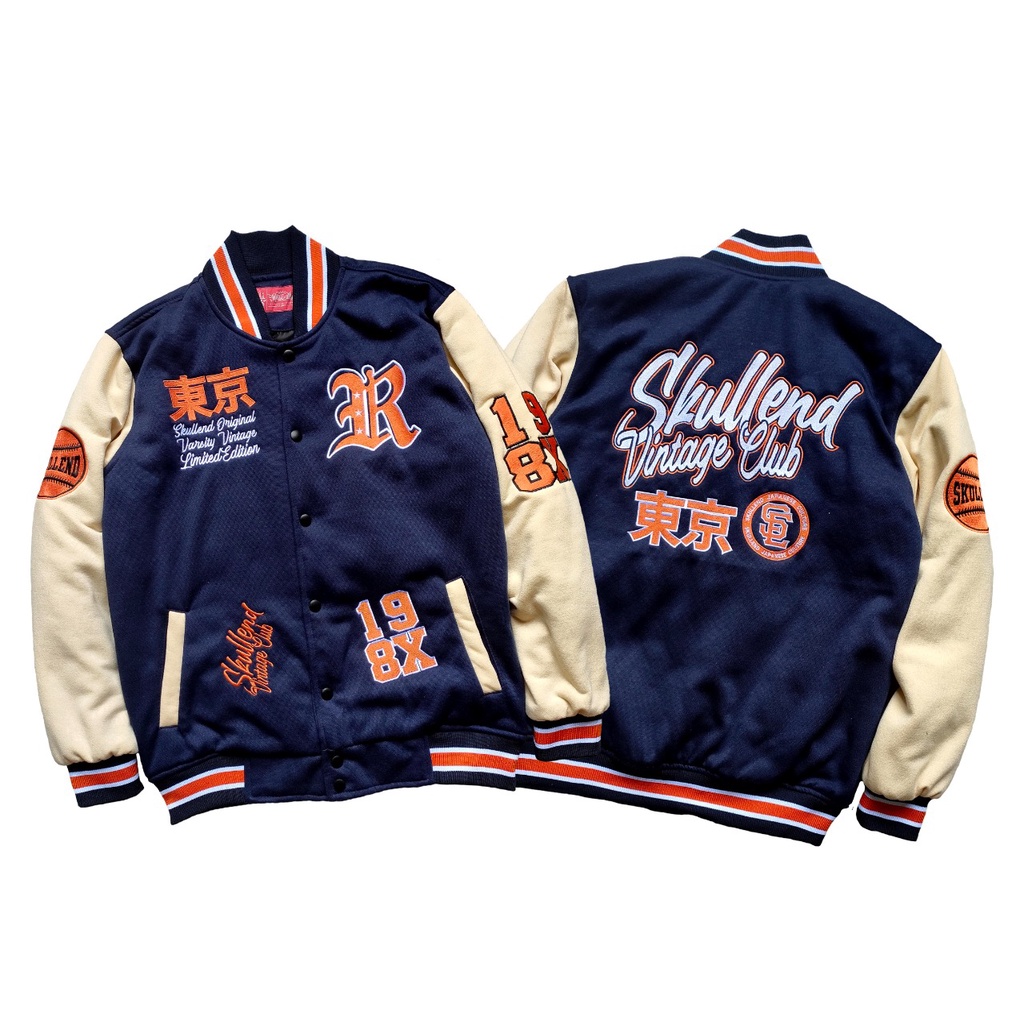 SKULLEND Varsity Jacket Bomber Baseball Sukajan Vintage Pria Wanita - Full Bordir