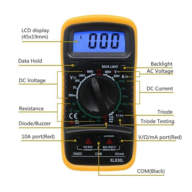 Junejour Mini Digital Multimeter AC/DC Voltage Tester - XL830L - Black