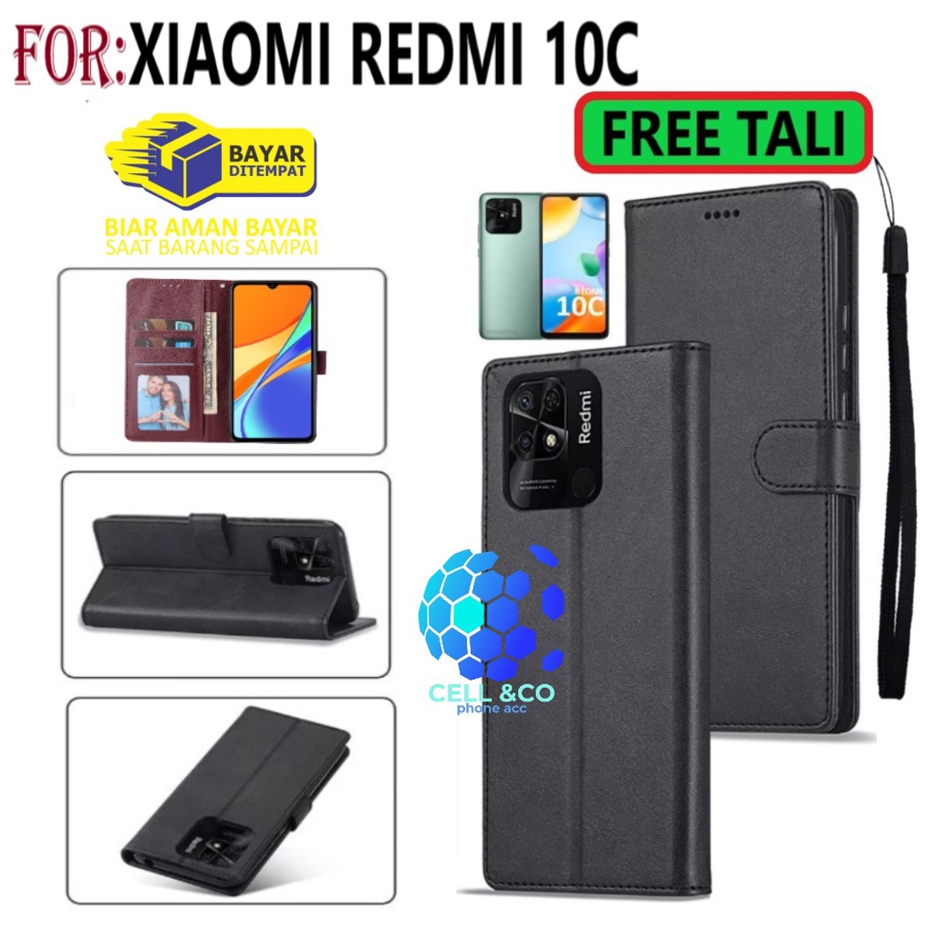 FREE TALI! XIAOMI REDMI 10C CASE FLIP LEATHER WALLET PREMIUM FLIP CASE BUKA TUTUP KESING HP CASING FLIP CASE WALLET REDMI 10C