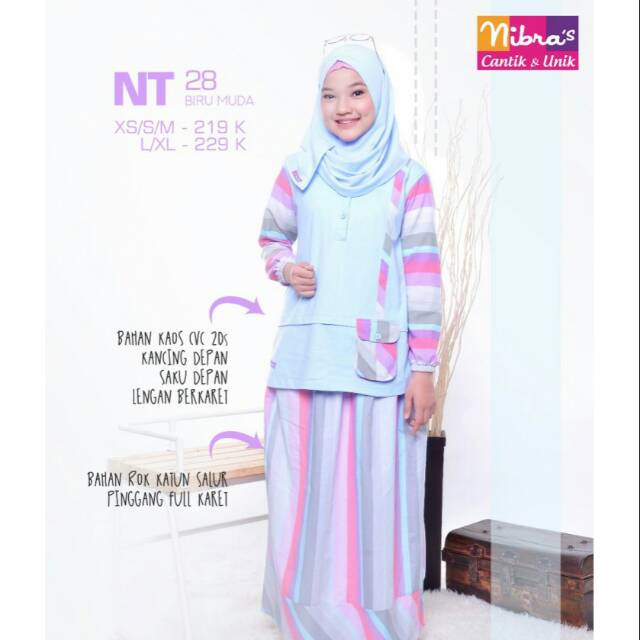 [Original] Baju Muslim Anak Remaja Nibras Teen NT 28 Atasan + Rok Biru Muda Kaos + Katun Modern