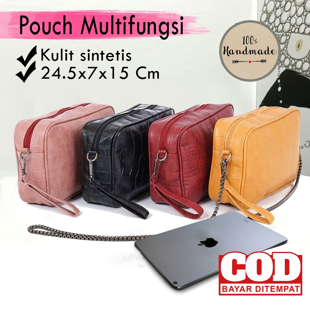 Travel Bag Wanita Tali Rantai Pouch Kosmetik Cewek Kulit Sintetis Croco Tas Organizer make Up Murah