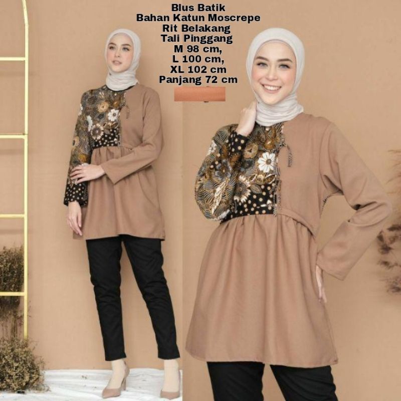 Blus Batik Wanita Kombinasi Moscrepe Polos - Joglo Batik