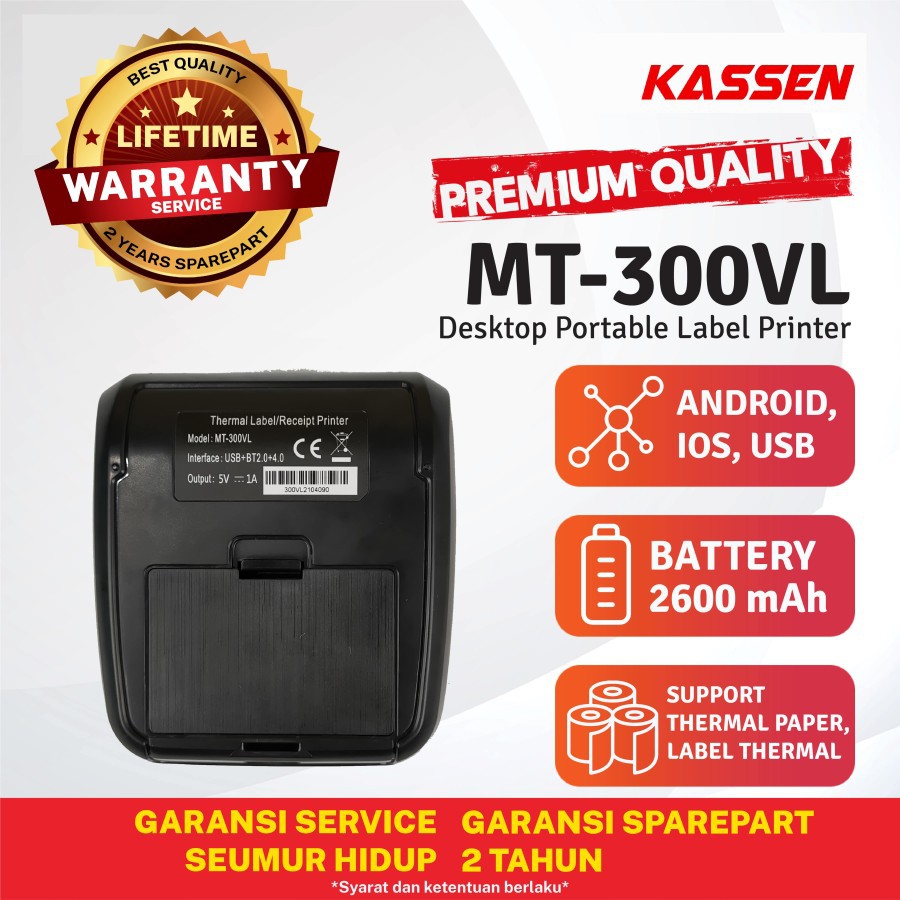 PRINTER LABEL THERMAL KASSEN MT-300VL 80MM MOBILE PRINTER BLUEUTOOTH