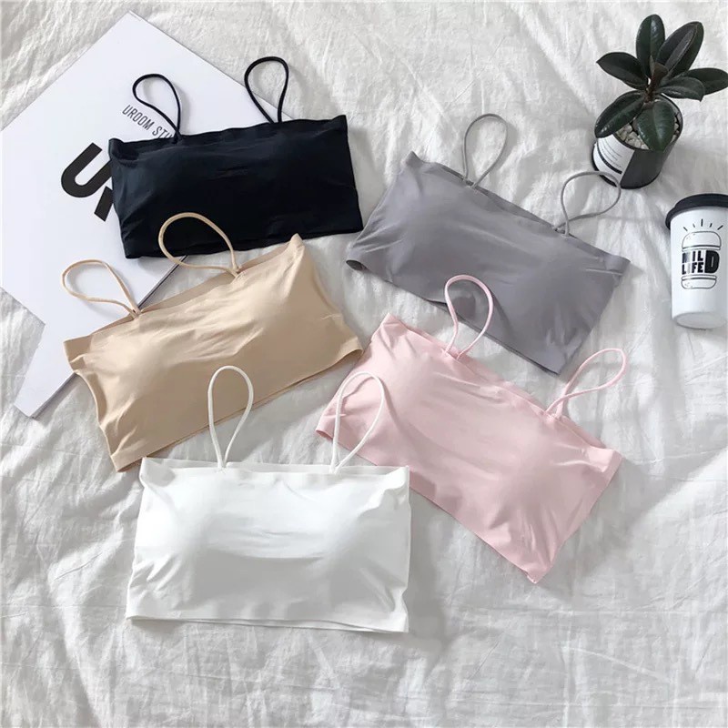 Bra Kemben Ice Silk BH Tanktop Atasan Wanita Tali Tanpa Kawat Tengtop Bralette Seamless Crop Top Import