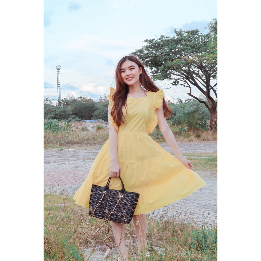 MELCHAN SETELAN  COTTONBELLS CASUAL DRESS WANITA JULIA RUFFLE PLAID SQUARE MIDI (AR - D 3974)