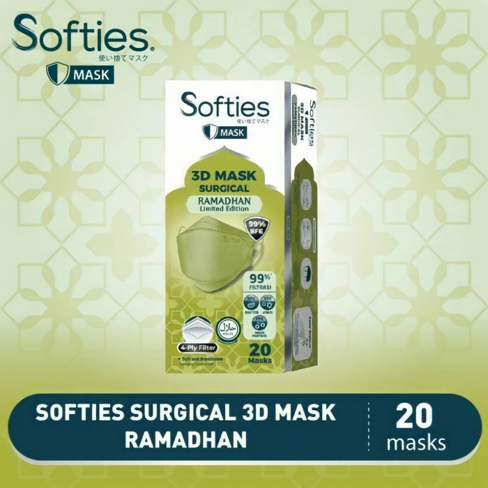 MASKER SOFTIES 4D . MASER SOFTIES 3D . KF 94 SURGICAL 1 BOX ISI 20 PCS . Hijau Ramadhan