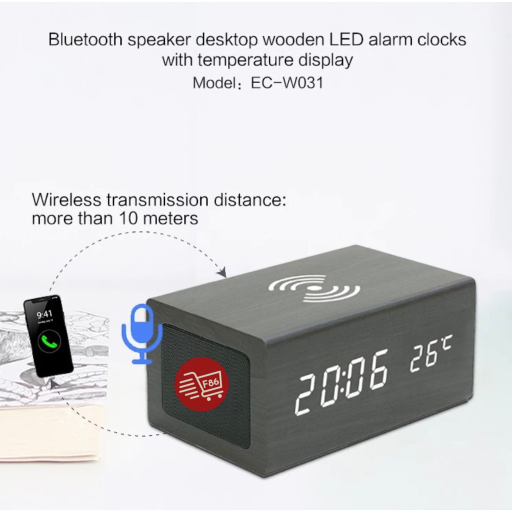 Jam Meja Kayu Digital Led /Jam Estetik + SUHU + Bluetooth Loudspeaker + Wireless Charging /Digital Wood Smart Alarm Clock/ ESTETIK JAM WEKER Speaker