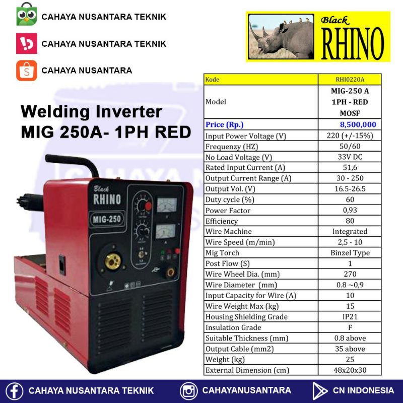 Mesin Las Mig Rhino MIG-250A 1 Phase