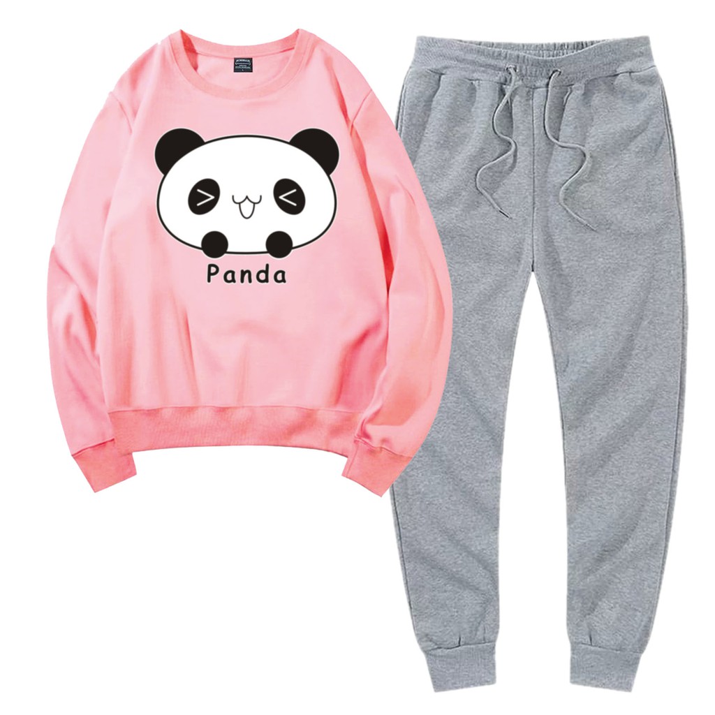 Baju Setelan Wanita Murah / Setelan Sweater + Jogger Abu - PANDA CUTE