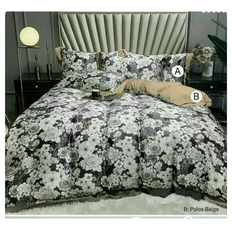 Sprei, Sarung Bantal, dan Sarung Guling Motif 5 (Bunga Abu Putih Hitam)