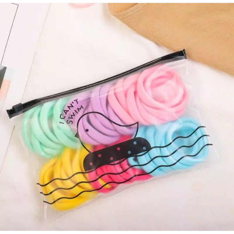 IKAT RAMBUT KARET KOREA DONUT ELASTIS RING BESAR DAN TEBAL ANTI KUSUT + POUCH