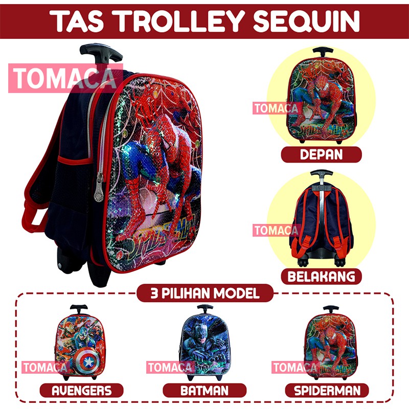 Tas Trolley Anak Sekolah Laki Cowok Troli Hero Avengers Batman Spiderman 3D Sequin
