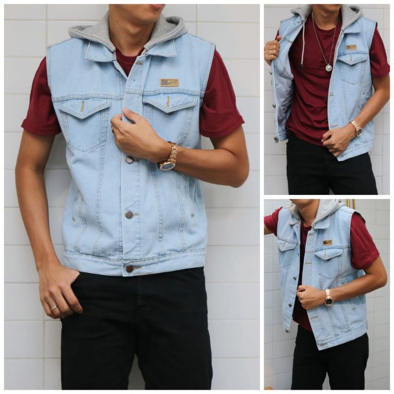 COD (BISA BAYAR DITEMPAT) Rompi Jeans Hoodie Denim Premium Pria/Wanita Rompi Denim Hoodie Fleece