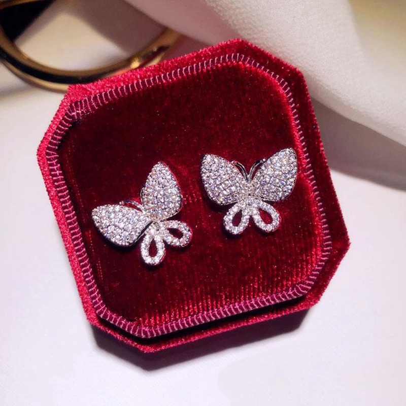 Anting Stud Desain Kupu-Kupu Aksen Kristal Untuk Wanita