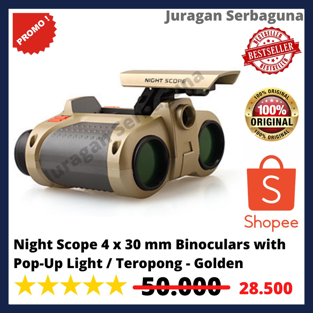 Night Scope 4 x 30 mm Binoculars with Pop-Up Light / Teropong - Golden