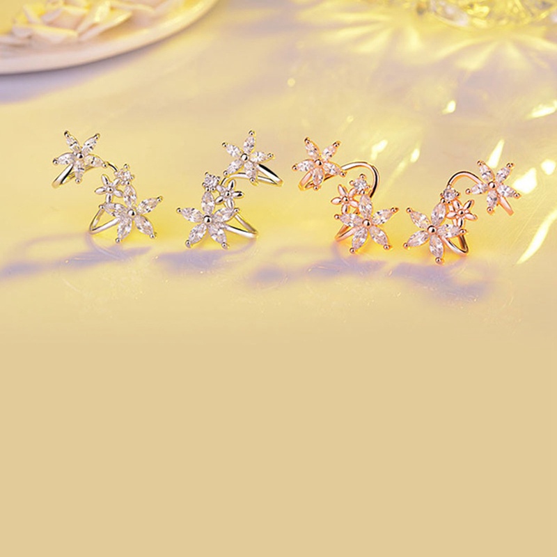 Anting Klip Bentuk Bunga Warna Silver Rose Gold Untuk Wanita