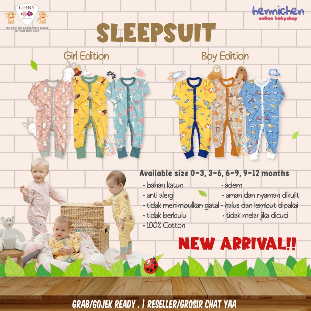 1PCS LIBBY PREMIUM SLEEPSUIT (BOY / GIRL ) SLEEPSUIT KANCING PRINT PREMIUM 0 - 12 BULAN