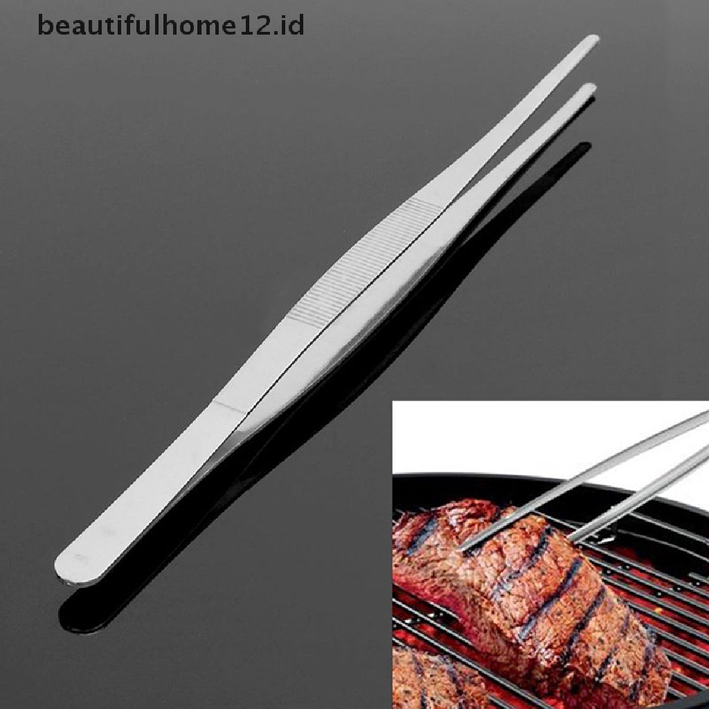 【beautifulhome12.id】 Silver Stainless Steel Long Food Tongs Straight Tweezers Kitchen Tool .