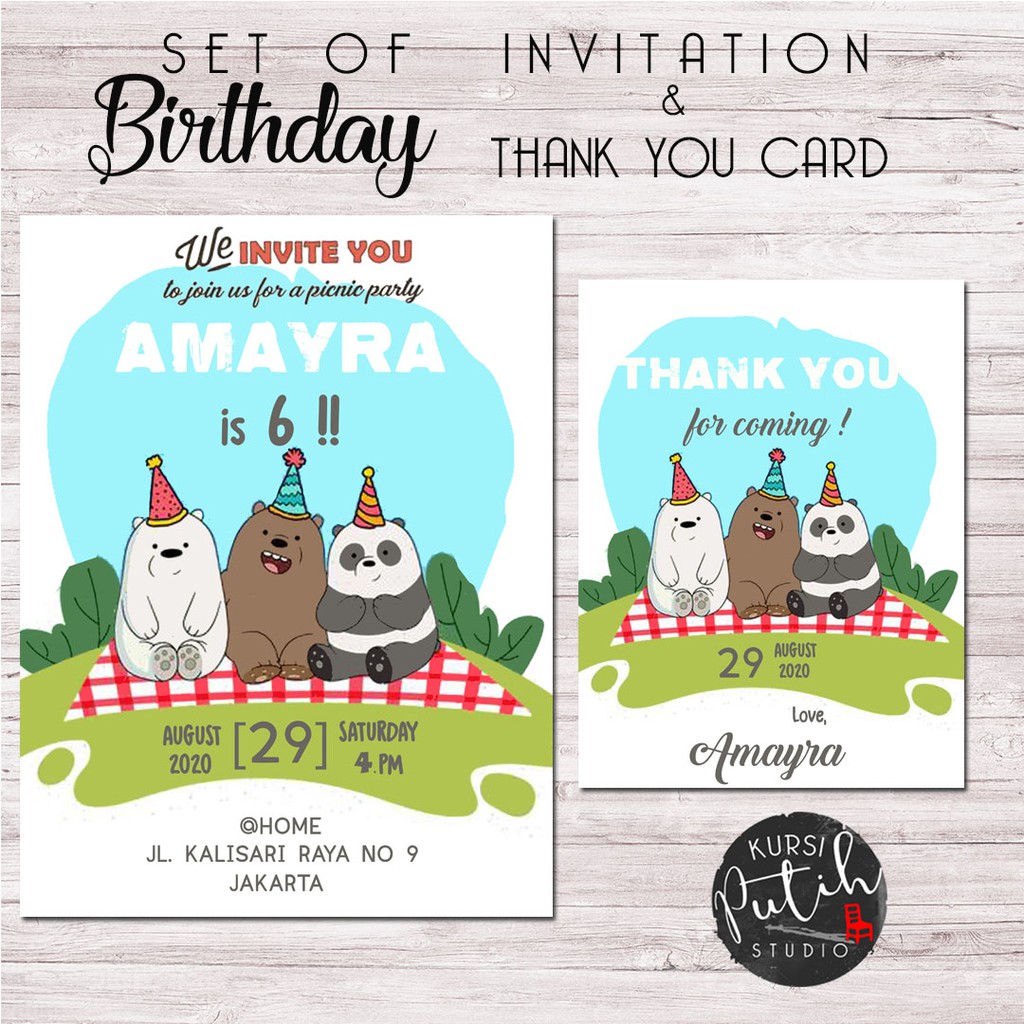 Set birthday invitation dan thank you card motif we bare bears
