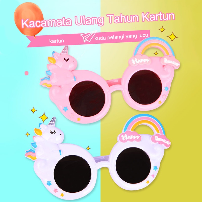 COD❤️Kacamata Ulang Tahun Happy Birthday Desain Unicorn Kartun Wanita Hadiah Ulang Tahun Unisex Fashion Murah Ready Stock