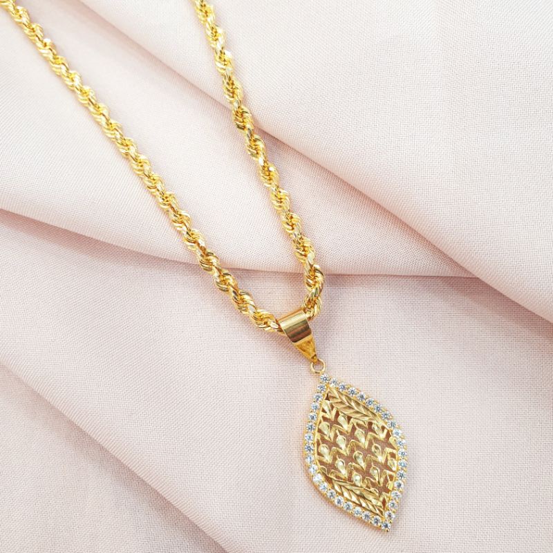 Kalung dewasa model tambang + liontin oval variasi permata emas asli kadar 420 / 375
