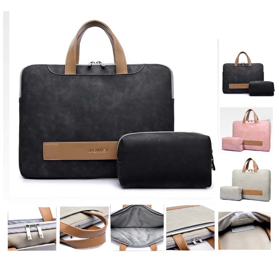Tas Laptop Jinjing J.QMEI PU leather with free pouch 13 14 inch - Hitam