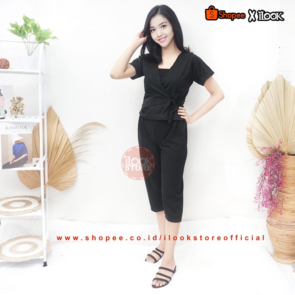 ilook | SETELAN AZKIA | SETELAN WANITA | matrerial creap dan spandex-AZKIA - HITAM