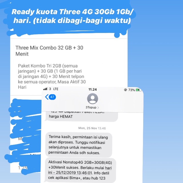 KUOTA THREE 4G SEBULAN 32GB. SEHARI 1GB