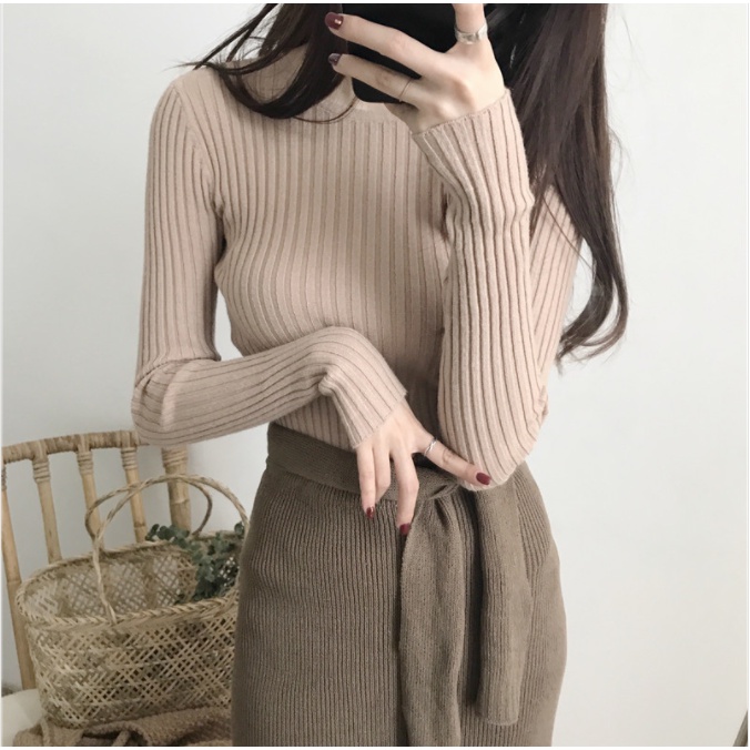 Sweater Rajut Lengan Panjang Kerah Setengah Tinggi Wanita Korea