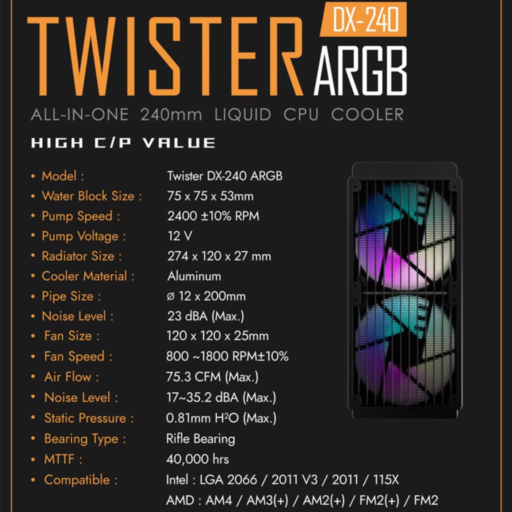 AIGO DARKFLASH TWISTER DX240 - ARGB LIQUID CPU COOLER