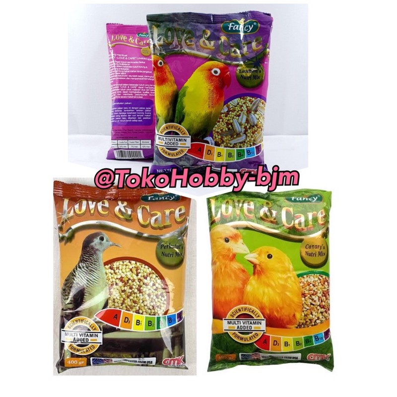 Fancy love &amp; care lovebird kenari perkutut 400 gr makanan pur pelet burung love bird kutut canary