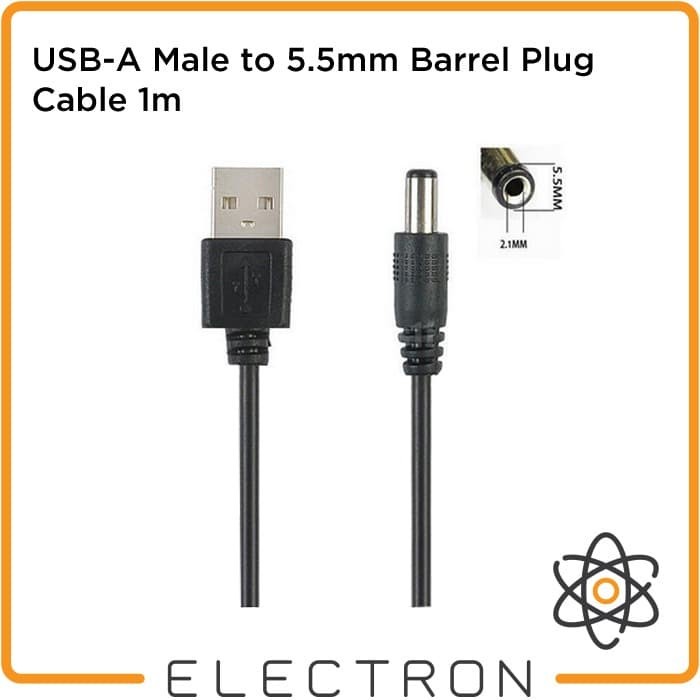 USB-A Male 5.5mm Barrel Plug Cable 1m Kabel Konektor Power Connector