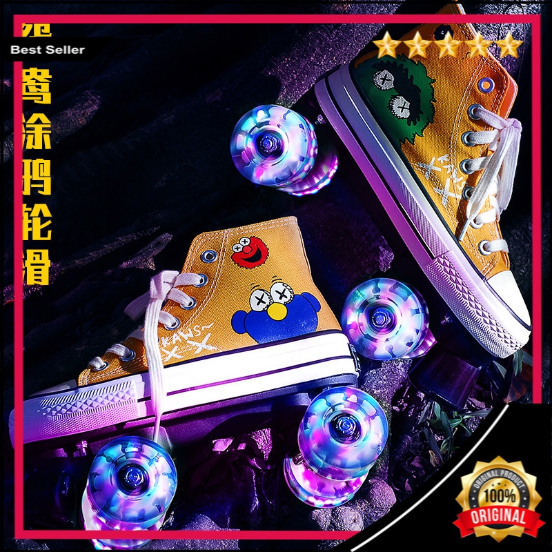 Dewasa Pria  Wanita Double Row Sepatu Roda Empat Bercahaya Sepatu Roda Kanvas Graffiti Skating Sepat