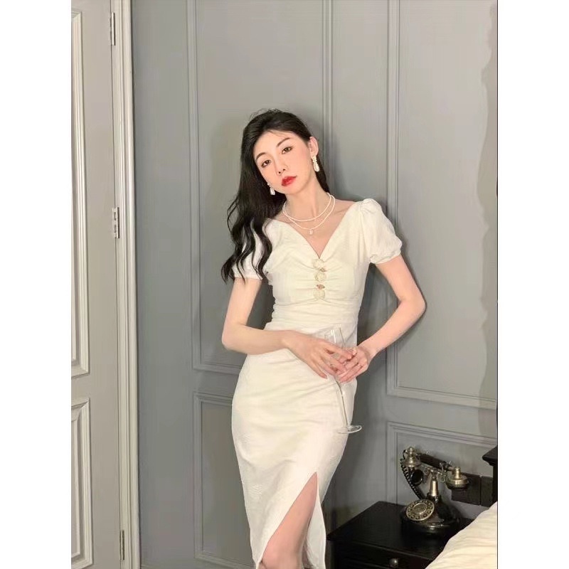 H7 DB9/39 Korean bodycon V neck midi dress beautifull white